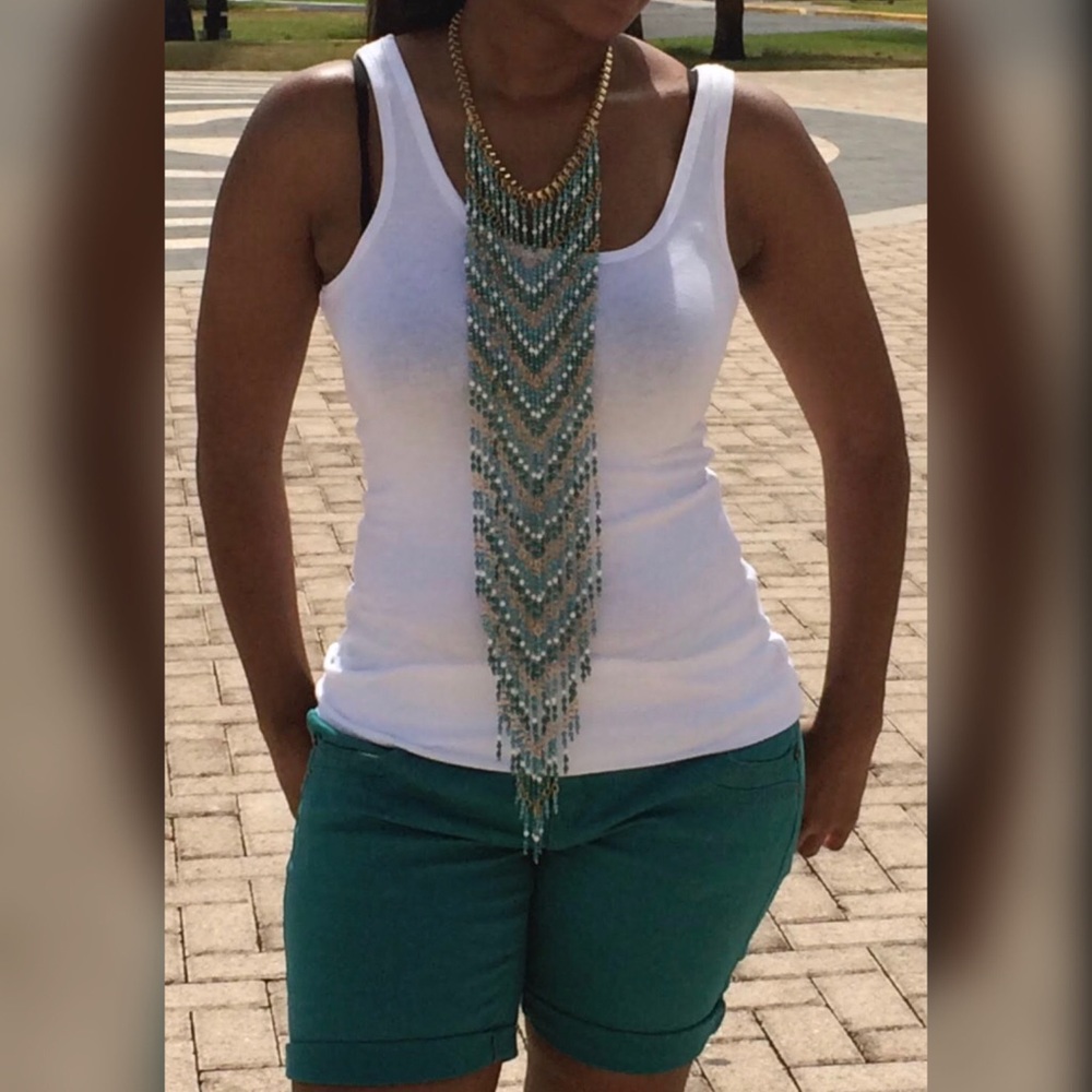 Gold, Turquoise, and White Beaded Necklace - Picture 2 of 5